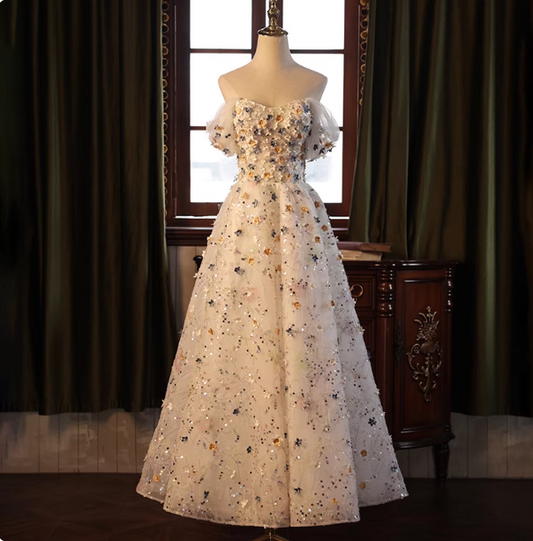 Dreamy White A-line Off-the-shoulder 3D Floral Sequined Tulle Long Prom Dress Evening Dress P4464