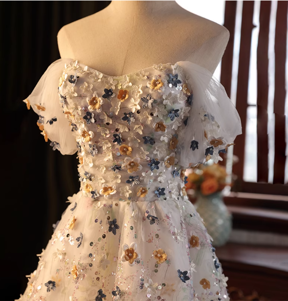 Dreamy White A-line Off-the-shoulder 3D Floral Sequined Tulle Long Prom Dress Evening Dress P4464