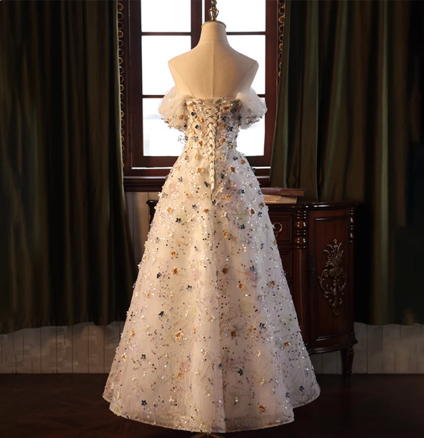 Dreamy White A-line Off-the-shoulder 3D Floral Sequined Tulle Long Prom Dress Evening Dress P4464