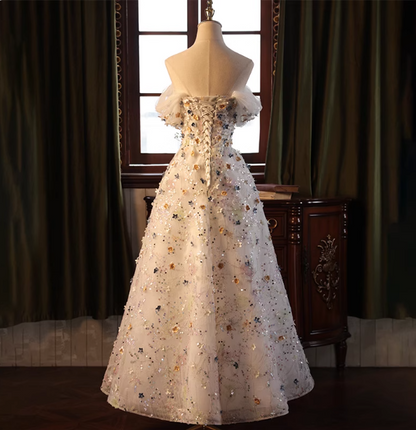 Dreamy White A-line Off-the-shoulder 3D Floral Sequined Tulle Long Prom Dress Evening Dress P4464