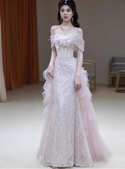 Elegant Light Pink Mermaid Off-the-shoulder Sequined Sheer Tulle Long Prom Dress Evening Dress P4465
