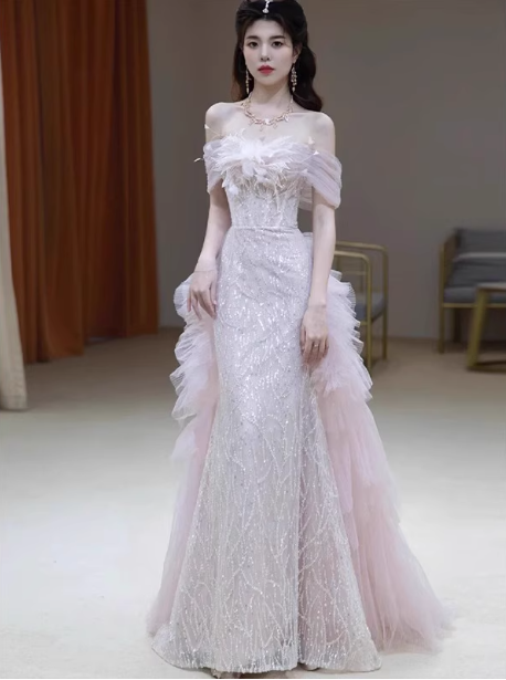 Elegant Light Pink Mermaid Off-the-shoulder Sequined Sheer Tulle Long Prom Dress Evening Dress P4465