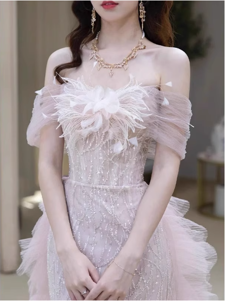 Elegant Light Pink Mermaid Off-the-shoulder Sequined Sheer Tulle Long Prom Dress Evening Dress P4465