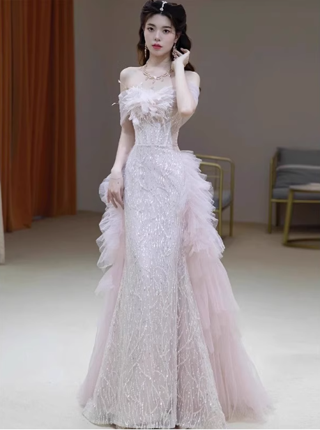 Elegant Light Pink Mermaid Off-the-shoulder Sequined Sheer Tulle Long Prom Dress Evening Dress P4465