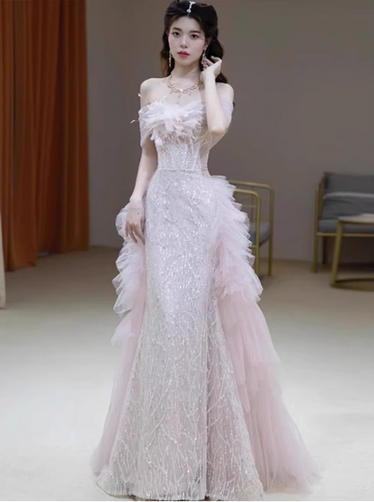 Elegant Light Pink Mermaid Off-the-shoulder Sequined Sheer Tulle Long Prom Dress Evening Dress P4465