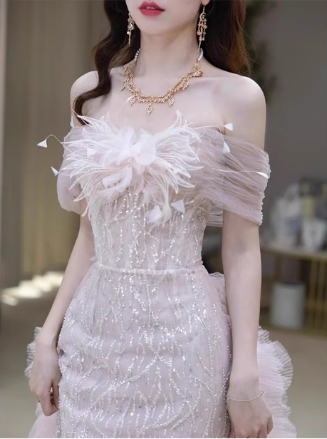 Elegant Light Pink Mermaid Off-the-shoulder Sequined Sheer Tulle Long Prom Dress Evening Dress P4465