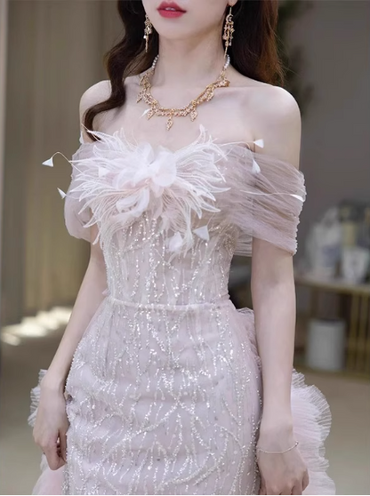 Elegant Light Pink Mermaid Off-the-shoulder Sequined Sheer Tulle Long Prom Dress Evening Dress P4465