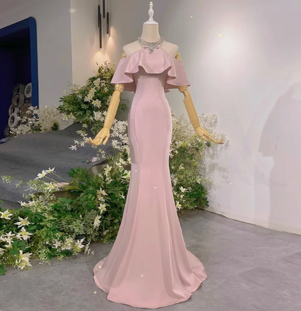 Elegant Pink Mermaid Halter Neck Ruffled Satin Train Prom Dress Evening Dress P4466