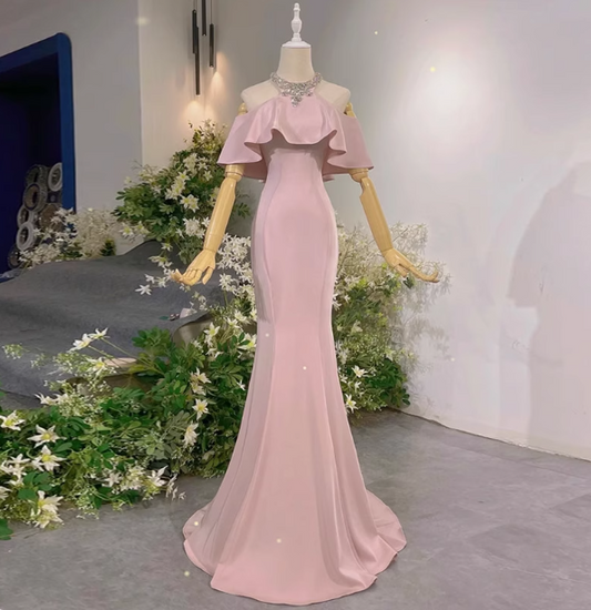Elegant Pink Mermaid Halter Neck Ruffled Satin Train Prom Dress Evening Dress P4466