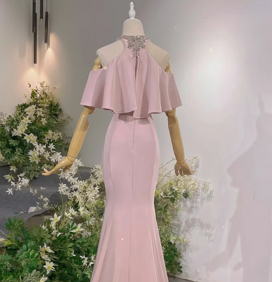Elegant Pink Mermaid Halter Neck Ruffled Satin Train Prom Dress Evening Dress P4466