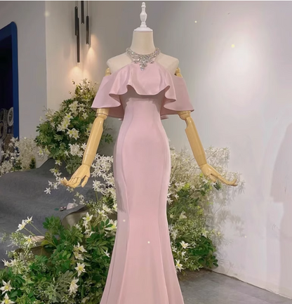 Elegant Pink Mermaid Halter Neck Ruffled Satin Train Prom Dress Evening Dress P4466