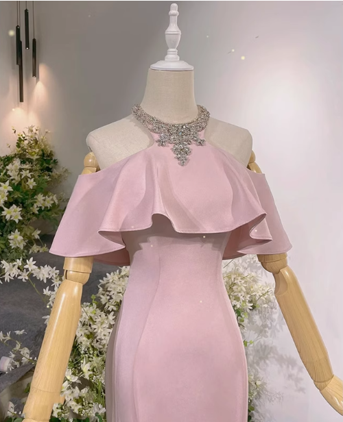 Elegant Pink Mermaid Halter Neck Ruffled Satin Train Prom Dress Evening Dress P4466