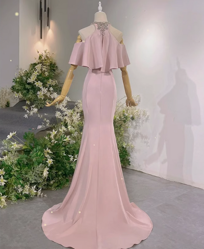 Elegant Pink Mermaid Halter Neck Ruffled Satin Train Prom Dress Evening Dress P4466