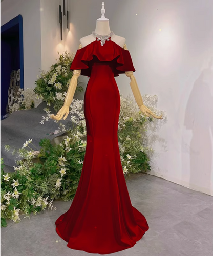Elegant Pink Mermaid Halter Neck Ruffled Satin Train Prom Dress Evening Dress P4466
