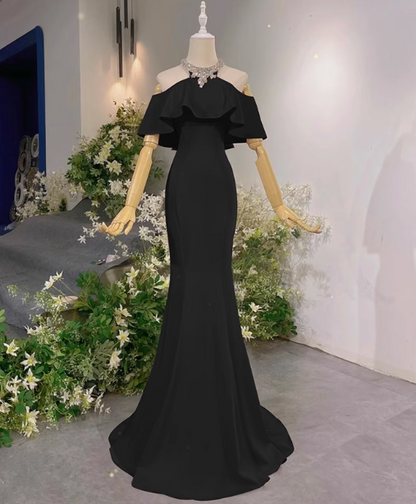 Elegant Pink Mermaid Halter Neck Ruffled Satin Train Prom Dress Evening Dress P4466