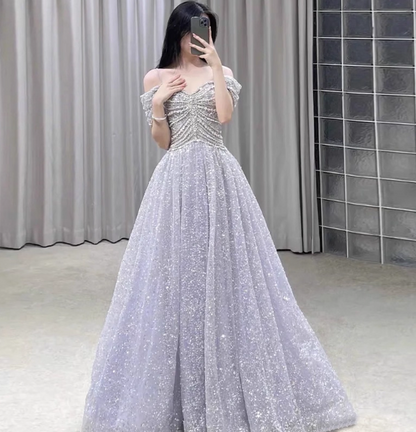 Gorgeous Lavender A-line Off-the-shoulder Rhinestone Embellished Sequined Sheer Tulle Long Prom Dress Evening Dress P4468