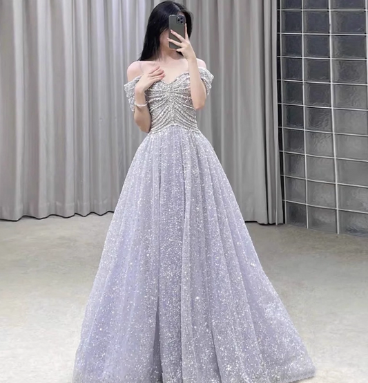Gorgeous Lavender A-line Off-the-shoulder Rhinestone Embellished Sequined Sheer Tulle Long Prom Dress Evening Dress P4468
