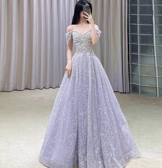 Gorgeous Lavender A-line Off-the-shoulder Rhinestone Embellished Sequined Sheer Tulle Long Prom Dress Evening Dress P4468
