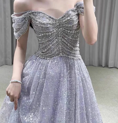 Gorgeous Lavender A-line Off-the-shoulder Rhinestone Embellished Sequined Sheer Tulle Long Prom Dress Evening Dress P4468