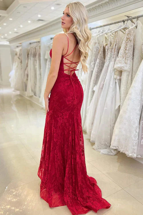 omberprom Fashion Red Evening Dress Lace V Neck Mermaid Prom Dress