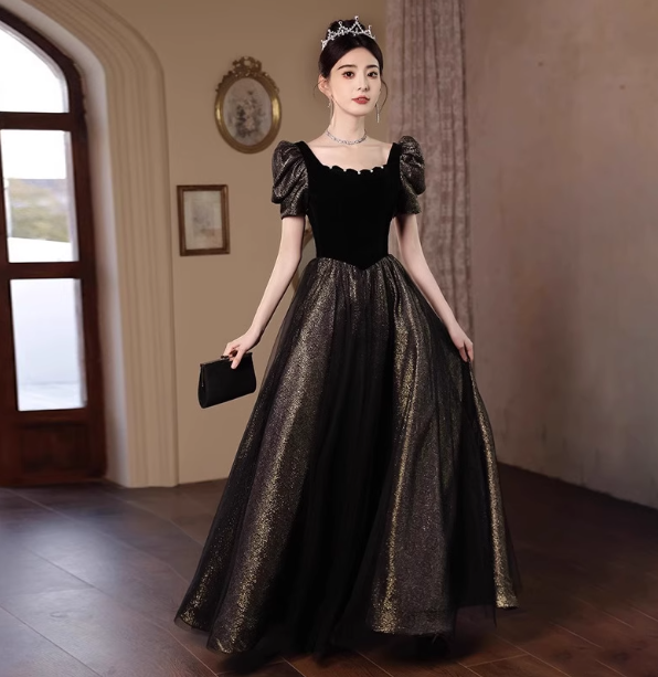 Vintage Black & Gold A-line Square Neck Puff Sleeve Velvet Gold Shimmer Tulle Long Prom Dress Evening Dress P4469