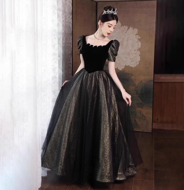 Vintage Black & Gold A-line Square Neck Puff Sleeve Velvet Gold Shimmer Tulle Long Prom Dress Evening Dress P4469
