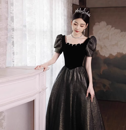 Vintage Black & Gold A-line Square Neck Puff Sleeve Velvet Gold Shimmer Tulle Long Prom Dress Evening Dress P4469