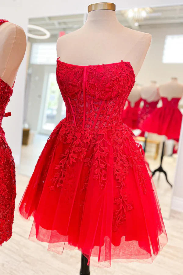 omberprom Elegant A-Line Graduation Dresses Tulle Lace Homecoming Dress with Appliques