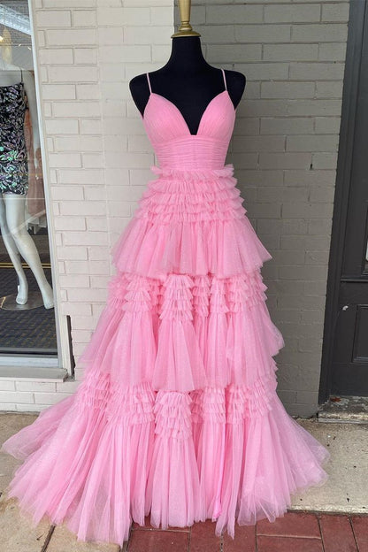 V Neck Layers Tulle Long Ball Gown A Line Spaghetti Strap Evening Dresses