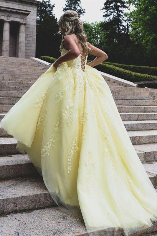 Yellow Lace Prom Dresses Formal Ball Dress Evening Dress Dance Dresses School Party Gown