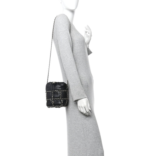Lambskin Bucket Chain Drawstring Bag Black