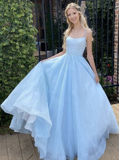 Simple blue tulle sequin long prom dress, blue tulle formal dress
