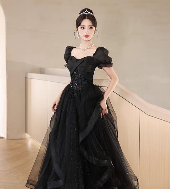 Elegant Black A-line Square Neck Puff Sleeve Tulle Long Prom Dress Evening Dress P4470