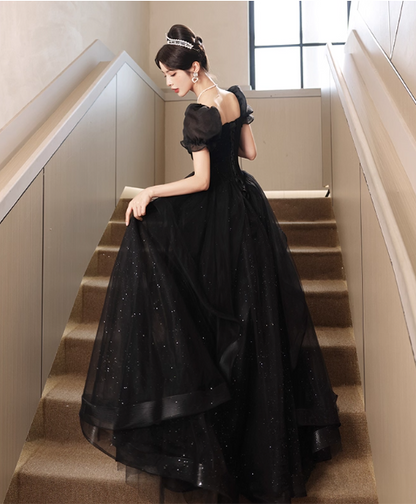 Elegant Black A-line Square Neck Puff Sleeve Tulle Long Prom Dress Evening Dress P4470