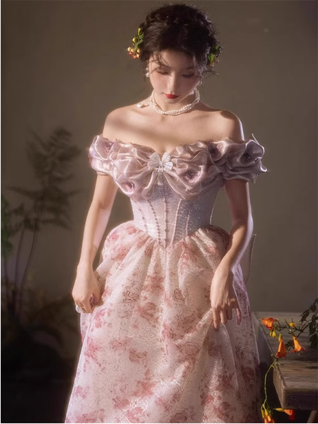 French Pink Printed A-line Off-the-shoulder Bow Tulle Long Prom Dress Evening Dress P4471