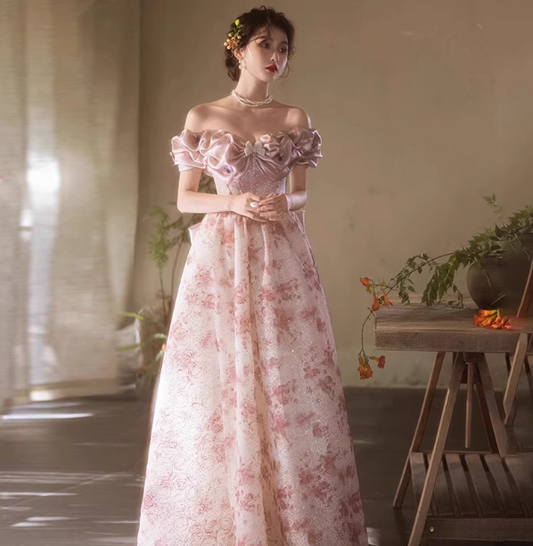 French Pink Printed A-line Off-the-shoulder Bow Tulle Long Prom Dress Evening Dress P4471