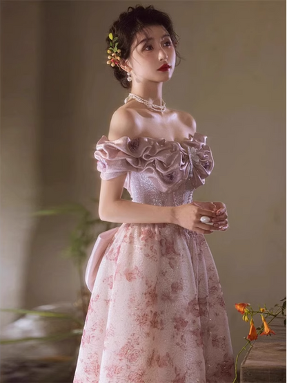 French Pink Printed A-line Off-the-shoulder Bow Tulle Long Prom Dress Evening Dress P4471