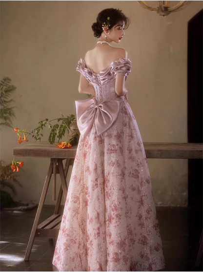 French Pink Printed A-line Off-the-shoulder Bow Tulle Long Prom Dress Evening Dress P4471