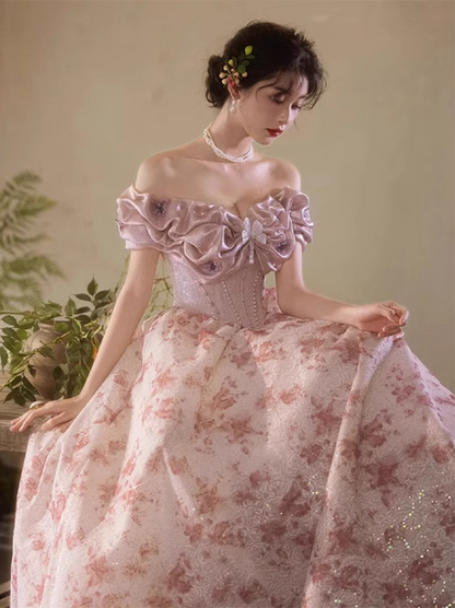 French Pink Printed A-line Off-the-shoulder Bow Tulle Long Prom Dress Evening Dress P4471