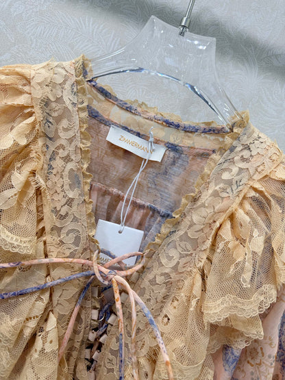Zimmermann Rebellion Lace-Up Mini Dress Tan Floral Cotton 335960