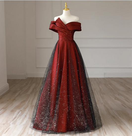 Elegant Burgundy Off-the-shoulder A-line Satin Tulle Long Prom Dress Evening Dress P4472
