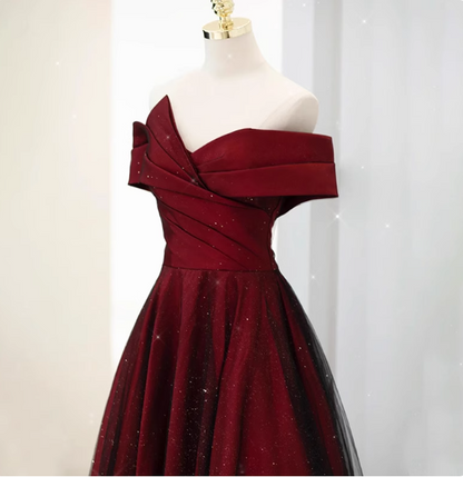 Elegant Burgundy Off-the-shoulder A-line Satin Tulle Long Prom Dress Evening Dress P4472