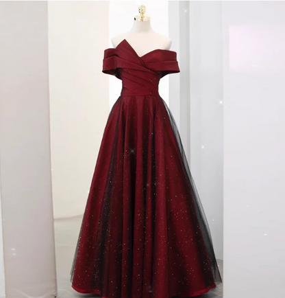 Elegant Burgundy Off-the-shoulder A-line Satin Tulle Long Prom Dress Evening Dress P4472
