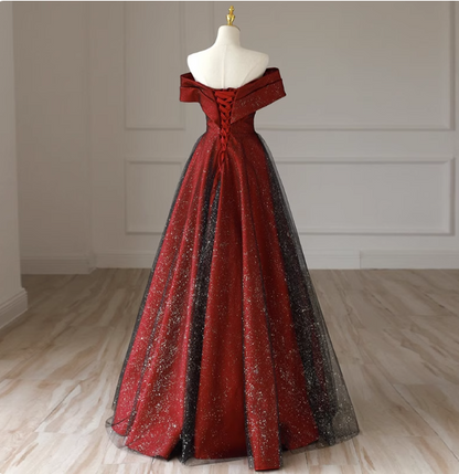 Elegant Burgundy Off-the-shoulder A-line Satin Tulle Long Prom Dress Evening Dress P4472