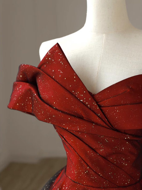 Elegant Burgundy Off-the-shoulder A-line Satin Tulle Long Prom Dress Evening Dress P4472