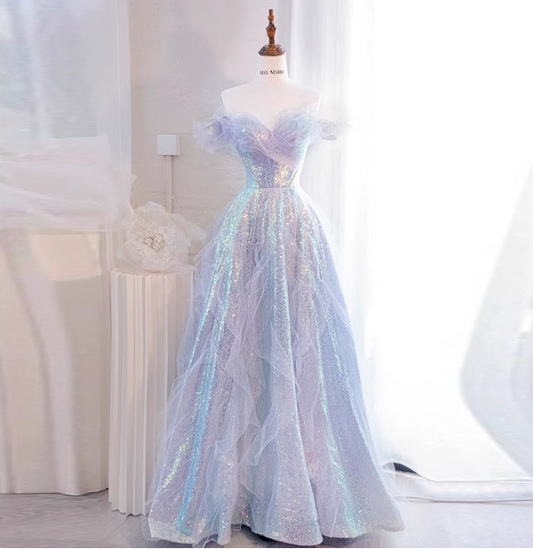 Dreamy Gradient Light Purple A-line Off-the-shoulder Iridescent Sequined Tulle Long Prom Dress Evening Dress P4473