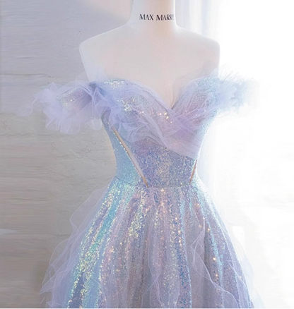 Dreamy Gradient Light Purple A-line Off-the-shoulder Iridescent Sequined Tulle Long Prom Dress Evening Dress P4473