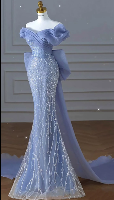 Glamorous Off-Shoulder Light Blue Mermaid Sparkling Sequins Bow Ruffled Evening Gown TP5262