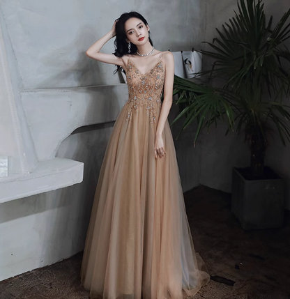 Elegant Nude Apricot A-line Spaghetti Strap V-neck Beaded Tulle Long Prom Dress Evening Dress P4474