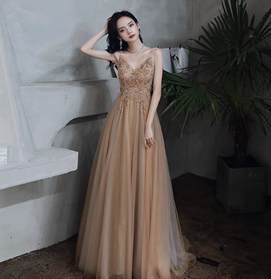 Elegant Nude Apricot A-line Spaghetti Strap V-neck Beaded Tulle Long Prom Dress Evening Dress P4474